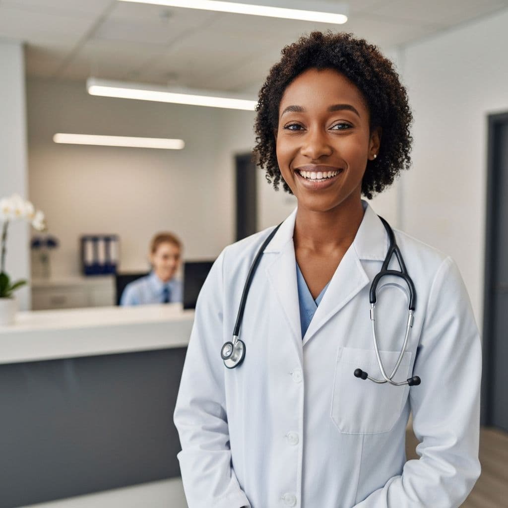 African doctor welcoming patients in a modern medical office